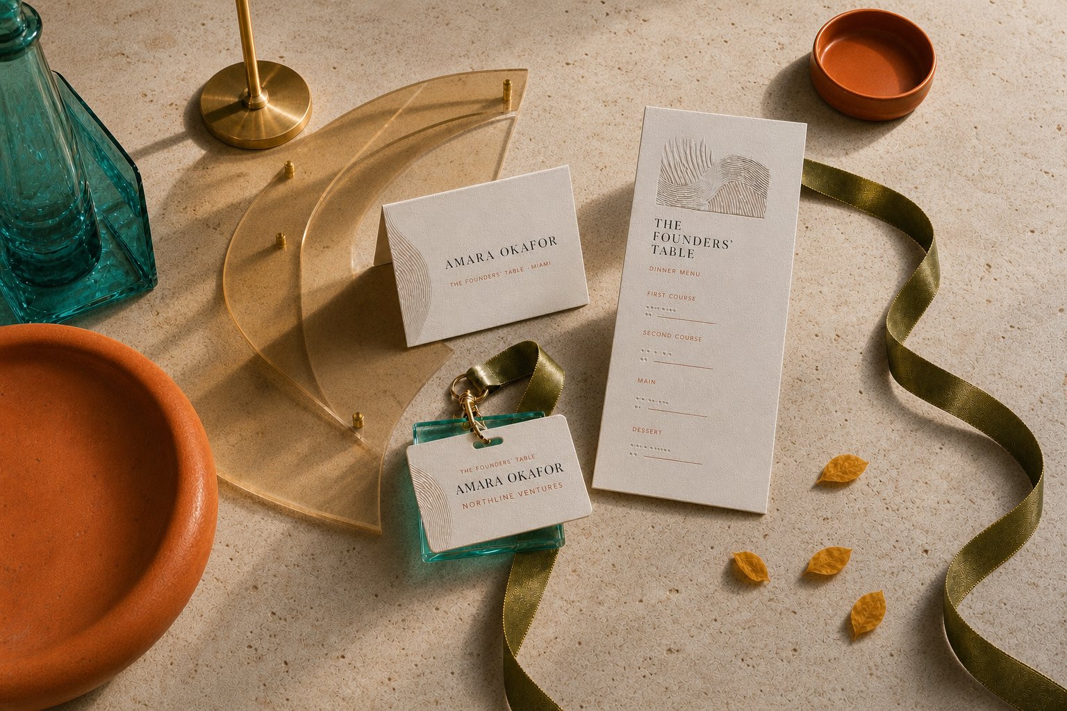 A table tent, a name badge and a dinner menu printed in one matching look